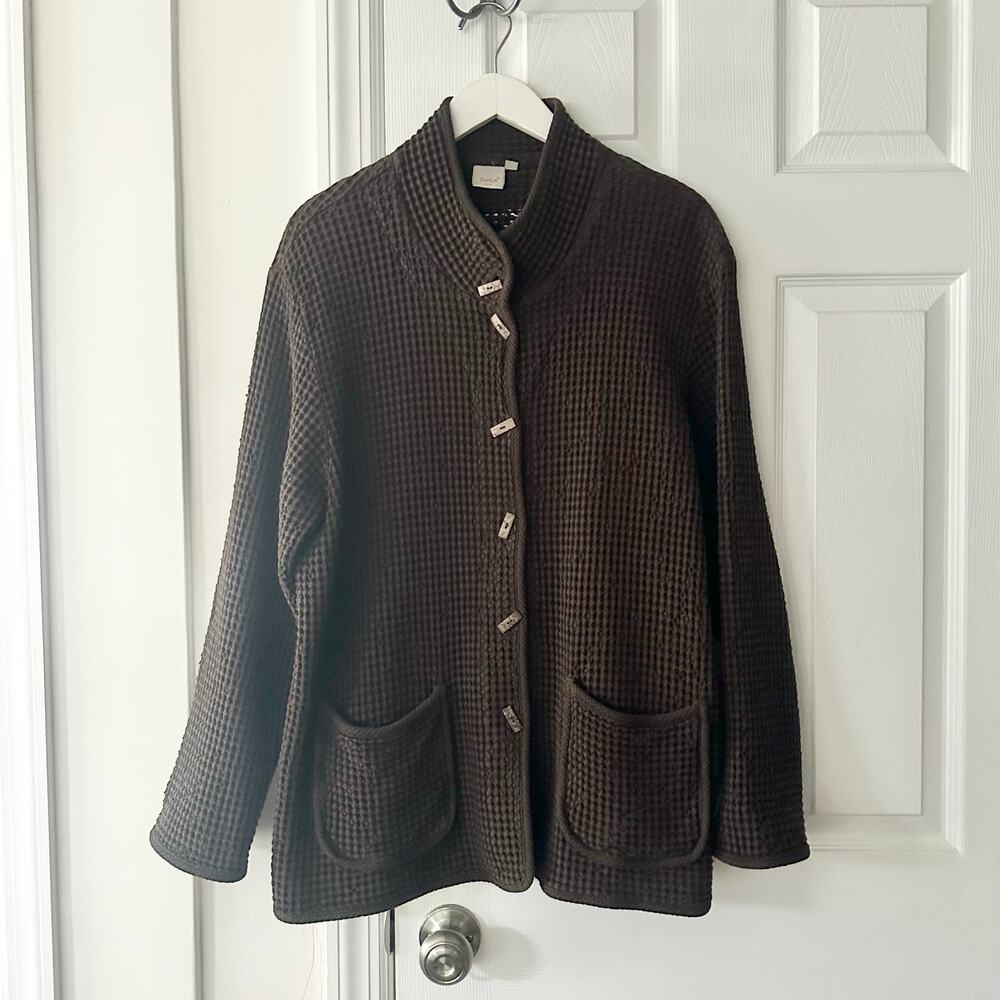 FOCUS Cotton Chocolate Brown Waffle Texture Lagenlook Wood Buttons Jacket XL - Picture 1 of 10